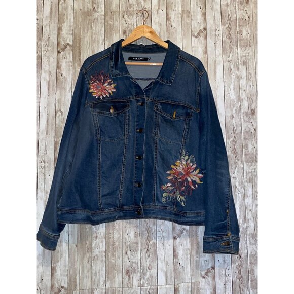 Women's Max Jeans Denim Jacket Embroidered Flowers Button Up Size 3X Stretch - Picture 1 of 10
